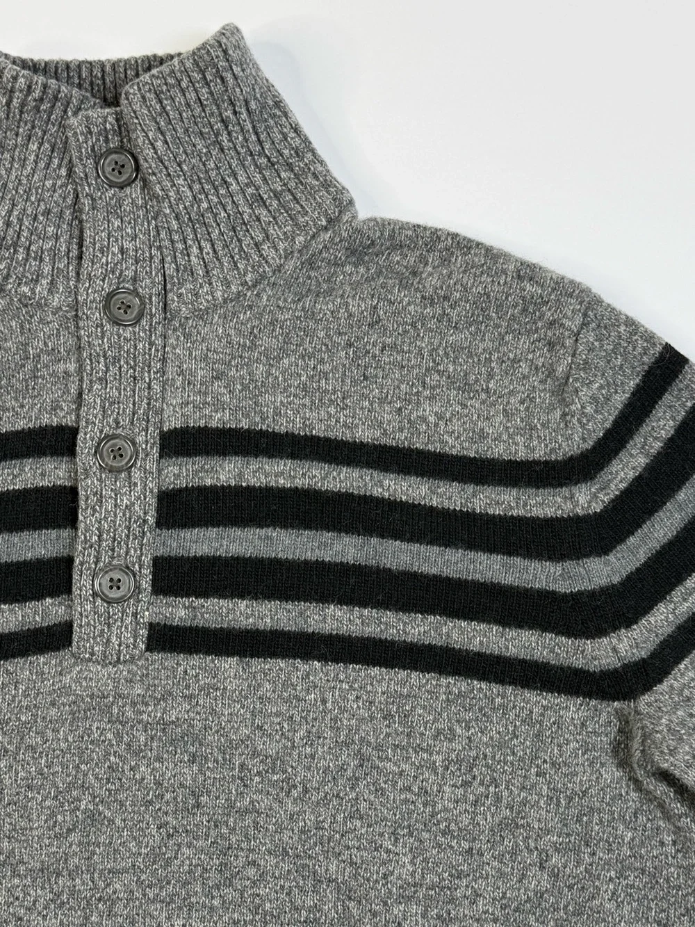 Banana Republic Merino Wool Button Mock Neck Sweater Gray Black Striped Medium